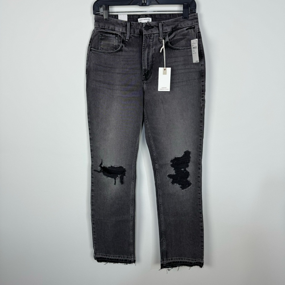 Good American Good Icon Black Distressed Denim Baggy Jeans Tall Long